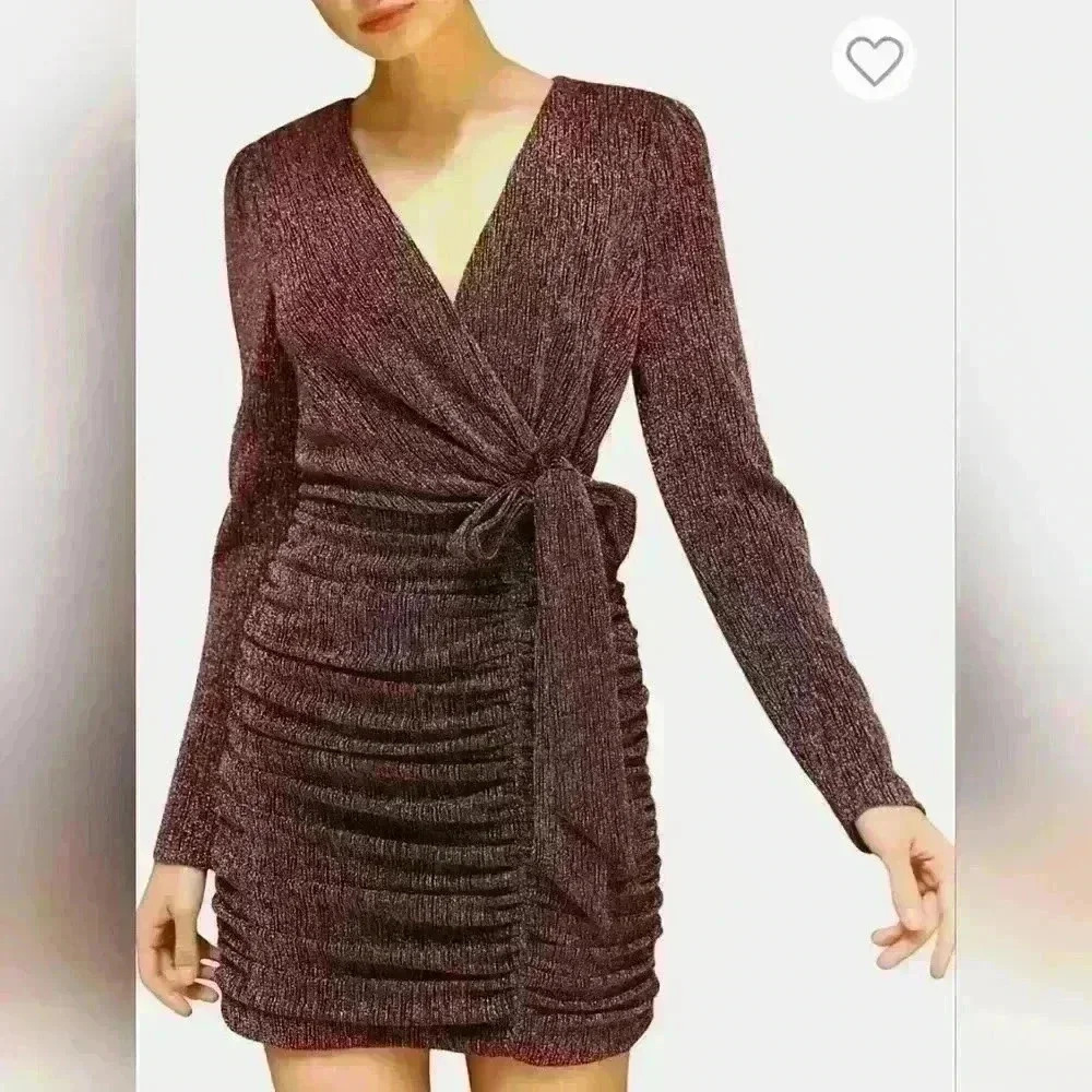 Adelyn Rae (169$) | Pink Metallic Wrap-Front Mini Dress, Size L